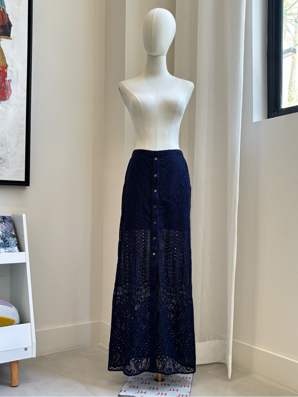 BCBGMaxAzria Navy Crochet Button-Front Maxi Skirt